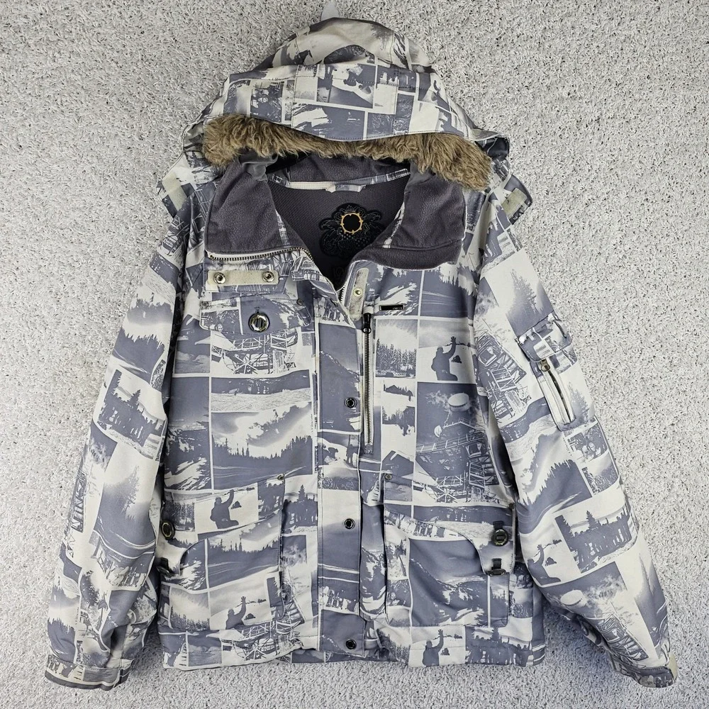 Empyre Hooded‎ Faux Fur Snowboard Ski Jacket Size Large Streetware Photo Collage